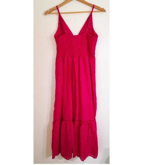 Simplee 100% Cotton Eyelet Spaghetti Strap Smocked Back Tiered Maxi Dress Pink - Picture 2 of 8